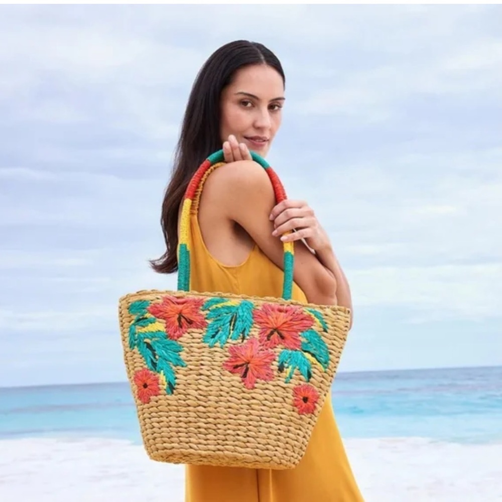 Patricia Nash Colorful Floral Straw Tote Bag